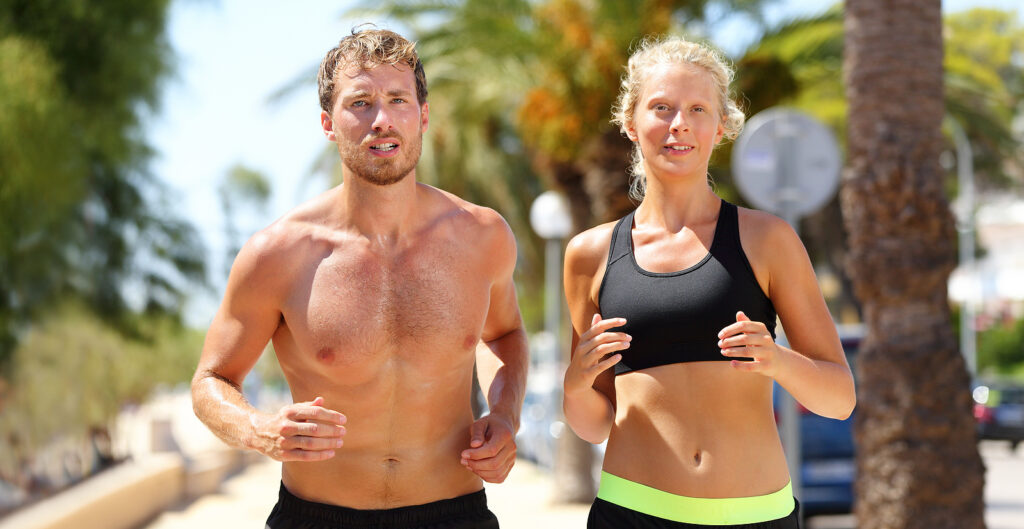 Sport people active couple of runners running in city. Sexy fi